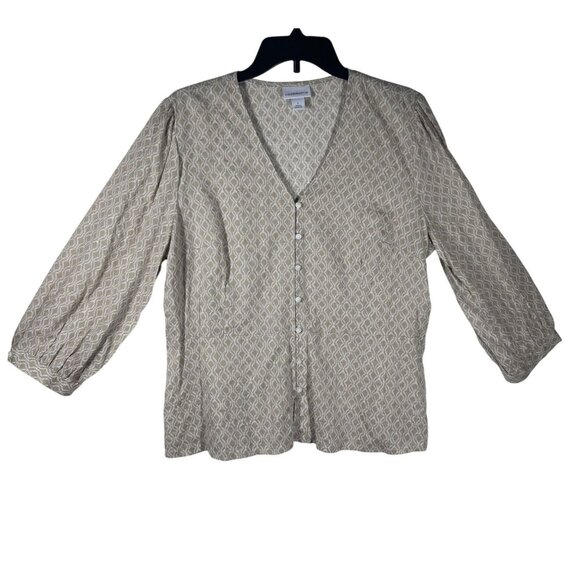 Liz Claiborne Tops - Liz Claiborne Blouse Women's Large Beige Patterned Button-Down V-Neckline NWT